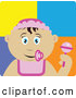 Clip Art of a Cute Mexican Baby Girl with a Pacifier, Bib and Rattle by Dennis Holmes Designs