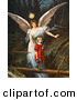 Clip Art of a Cute Vintage Valentine of a Female Guardian Angel Guiding a Little Girl in a Red Dress Across a Dangerous Log Bridge over a Gorge, Circa 1890 by OldPixels