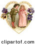 Clip Art of a Cute Vintage Valentine of a Sweet Little Boy Trying to Woo a Little Girl in a Heart of Leaves and Pansy Flowers, Circa 1890 by OldPixels