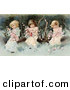 Clip Art of a Cute Vintage Victorian Scene of Three Little Girls Sitting on a Fallen Tree and Making a Garland of the Pink Spring Blossoms, Circa 1890. by OldPixels