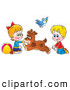 Clip Art of a Dog Running Back and Forth Between a Smiling Brother and Sister by Alex Bannykh