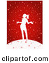 Clip Art of a Festive and Happy Woman Silhouetted in White, Holding Her Arms out and Standing in the Snow, on a Red Background by KJ Pargeter