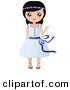 Clip Art of a Friendly Black Haired White Girl with Flowers in Her Hair, Waving and Wearing a Pretty Blue Dress by Melisende Vector