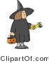 Clip Art of a Girl Wearing a Black Halloween Witch Costume While Trick-or-treating with a Candy Bucket and Flashlight by Djart