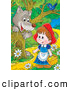 Clip Art of a Gray Wolf Emerging Behind a Tree Under a Bird, Watching Little Red Riding Hood As She Walks Through the Forest by Alex Bannykh