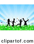 Clip Art of a Group of 4 Silhouetted Children Running, Holding Hands and Doing Somersaults in a Field of Butterflies and Spring Flowers over a Bursting Blue Background by KJ Pargeter