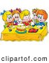 Clip Art of a Group of Smiling Children Eating Cake at a Table by Alex Bannykh