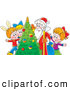 Clip Art of a Group of Smiling Children with Santa Around a Christmas Tree by Alex Bannykh