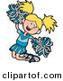 Clip Art of a Happy and Energetic Blond Cheerleader Girl in a Blue Uniform, Jumping with Pom Poms by AtStockIllustration