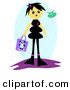 Clip Art of a Happy and Smiling Girl with Black Hair, Carrying a Panda Purse by
