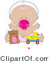 Clip Art of a Happy Baby Girl in a White Bonnet, Pink Checkered Bow and Diaper, Sucking on a Pink Pacifier and Holding Her Arms out While Playing with Toys in a Nursery by Maria Bell
