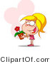 Clip Art of a Happy Blond Girl in Pink with a Flower Pot Containing a Blooming Red Daisy by Hit Toon