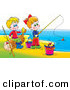 Clip Art of a Happy Boy and Girl Having Fun While Fishing on a Beach by Alex Bannykh