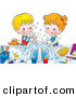 Clip Art of a Happy Brother and Sister Making a Mess While Washing Their Hands with Soap, a Cat Peeking over the Counter by Alex Bannykh