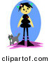 Clip Art of a Happy Girl with Black Hair, Walking Her Cat on a Leash on a Blue Oval by