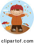 Clip Art of a Happy Little Caucasian Boy Wearing a Coat, Smiling and Holding His Arms out While Autumn Leaves Fall down from the Trees and Standing by a Pumpkin on a Breezy Fall Day by Vitmary Rodriguez