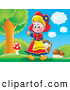 Clip Art of a Happy Little Smiling Girl, Red Riding Hood, Picking Mushrooms near the Forest by Alex Bannykh