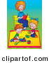 Clip Art of a Happy Mom Reading a Book on a Bench While Her Children Play in a Sand Box at a Park by Alex Bannykh