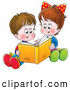 Clip Art of a Happy Sister and Brother Sitting on the Ground and Reading a Book Together by Alex Bannykh