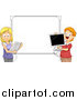 Clip Art of a Happy Students Holding a Computer Keyboard and Monitor Against a White Board by BNP Design Studio