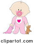 Clip Art of a Innocent White Baby Boy with a Teddy Bear, Pacifier and Blanket by Maria Bell