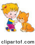 Clip Art of a Little Blond Girl Crouching to Pet a Cat on White by Alex Bannykh