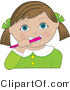 Clip Art of a Little Blue Eyed Girl with Her Brunette Hair in Pig Tails, Tied Back with Green Bows, Wearing a Green Dress and Brushing His Teeth with a Pink Toothbrush by Maria Bell