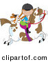 Clip Art of a Little Caucasian Girl Riding a Painted Pony with a Cavalier King Charles Spaniel Sitting Behind Her, Holding on to Her Braids by Maria Bell