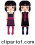 Clip Art of a Pair of Black Haired Female Paper Dolls in Black and Pink Dresses and Tights by Melisende Vector