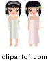 Clip Art of a Pair of Black Haired Female Paper Dolls in Formal White and Pink Prom or Wedding Dresses and Gowns, One Girl Wearing a Tiara and Gloves by Melisende Vector
