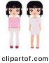 Clip Art of a Pair of Black Haired Female Paper Dolls Pink and White Shoes, Dresses, Pants and Shirts by Melisende Vector