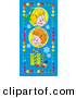Clip Art of a Pair of Happy Children with a Gift and Ornaments, on a Blue Background with Snowflakes, Bordered by Colorful Squares and Circles by Alex Bannykh