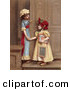 Clip Art of a Pair of Little Sisters at a Doorway, Smiling and Holding Hands, Circa 1880 by OldPixels