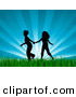 Clip Art of a - Royalty FreeBlack Silhouetted Boy and Girl Holding Hands and Running Through Lush Green Grass with a Bursting Blue Sky Background by KJ Pargeter