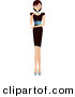 Clip Art of a Sexy, Tall, Brunette White Woman in a Little Black Dress with a Blue Band Around the Waist, Walking Forward in Blue Heels by Melisende Vector