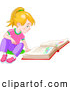 Clip Art of a Smiling Blond Little Girl Sitting on the Floor and Reading a Story Book by Pushkin
