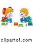 Clip Art of a Smiling Boy and Girl in Uniforms, Sitting with Flowers and Books and Smiling at Each Other by Alex Bannykh