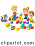 Clip Art of a Smiling Cat Watching Two Boys and a Girl Play with Blocks by Alex Bannykh