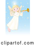Clip Art of a Smiling Cute, Innocent, Blond Femal Angel with a Halo, Playing a Horn by Pushkin