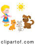Clip Art of a Smiling Little Blond Girl with a Cat, Mouse and Dog Under a Sun by Alex Bannykh