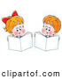 Clip Art of a Smiling Little Boy and Girl Holding up Books While Reading by Alex Bannykh