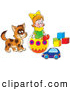 Clip Art of a Smiling Little Girl and Cat Playing with a Toy Car, Ball and Blocks by Alex Bannykh