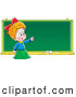 Clip Art of a Smiling Smart School Girl Standing in Front of and Pointing to a Blank Chalk Board by Alex Bannykh