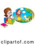 Clip Art of a Smiling Woman Reading a Book and Imagining That She Is in the Story by Alex Bannykh