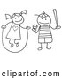 Clip Art of a Stick Figure Girl and Boy Jumping Rope and Playing Baseball by C Charley-Franzwa