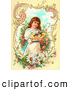 Clip Art of a Sweet Little Victorian Girl Gently Carrying a Calico Kitten in a Hat Through a Rose Garden, Framed by Scrolls and Daisies by OldPixels