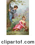 Clip Art of a Sweet Vintage Victorian Scene of a Little Boy Climbing a Tree While Showing off for a Girl As She Picks Flowers in a Garden, Circa 1890 by OldPixels