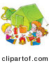 Clip Art of a Trio of Children Eating Around a Campfire Outside Their Green Tent, on a White Background by Alex Bannykh