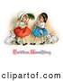 Clip Art of a Two Sisters Walking Their Pet Rabbits on Leashes and Carrying Parasols on Easter by OldPixels