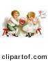 Clip Art of a Vintage Victorian Scene of a Sweet Little Blond Boy Sitting on a Red Stool, Holding out a Basket of Candy to a Girl and "With All My Love" Text, by Ellen H. Clapsaddle, Circa 1912 by OldPixels